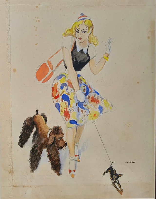RICARD OPISSO. CHICA PASEANDO CON PERRO. TÉCNICA MIXTA SOBRE PAPEL.