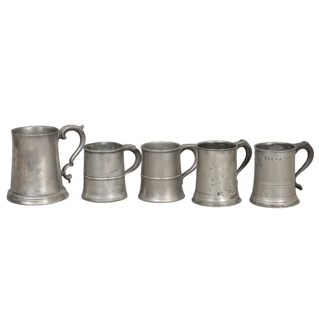 FIVE 18TH & 19TH CENTURY PEWTER STRAIGHT SIDED TANKARDS (5).