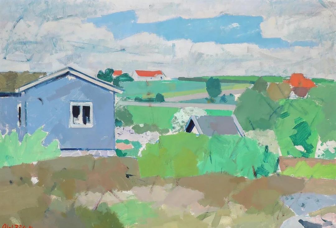 Landscape with houses. Signed Olaf Rude 46. Oil on canvas. 81×117 cm. — Modern Paintings/Classical modernism — Bruun Rasmussen