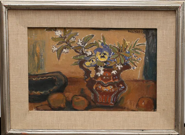 NILS HANSSON. Olja på duk,stilleben med blommor och frukter, signerad, daterad- 1954.