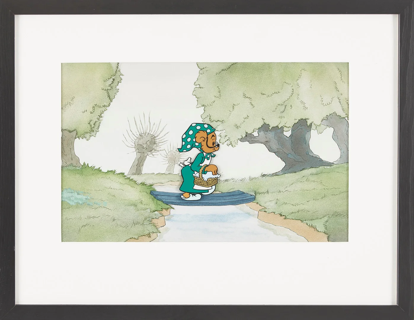 RUNE ANDRÉASSON. Bamse, handmålad filmcell ur "Vulkanutbrottet", från 1972, scen 152A, monterad på den handmålade originalbakgrunden. — Paintings — Stockholms Auktionsverk Magasin 5