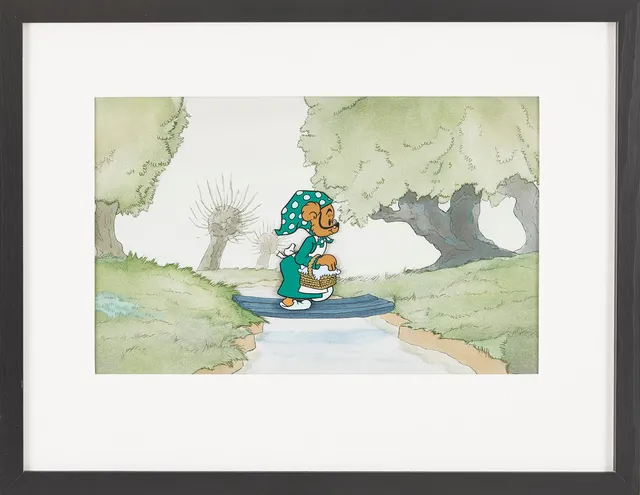 RUNE ANDRÉASSON. Bamse, handmålad filmcell ur "Vulkanutbrottet", från 1972, scen 152A, monterad på den handmålade originalbakgrunden.