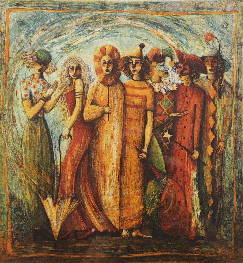 IRENE JARZ. "Karnevalsfigurer", etsning, signerad, numrerad 29/175. — Engravings & Prints — Växjö Auktionskammare