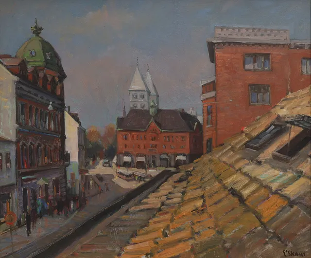 ESKIL SKANS. LUND: VY ÖVER TAKÅS LÄNGS STORA SÖDERGATAN MOT STORTORGET OCH DOMKYRKAN.