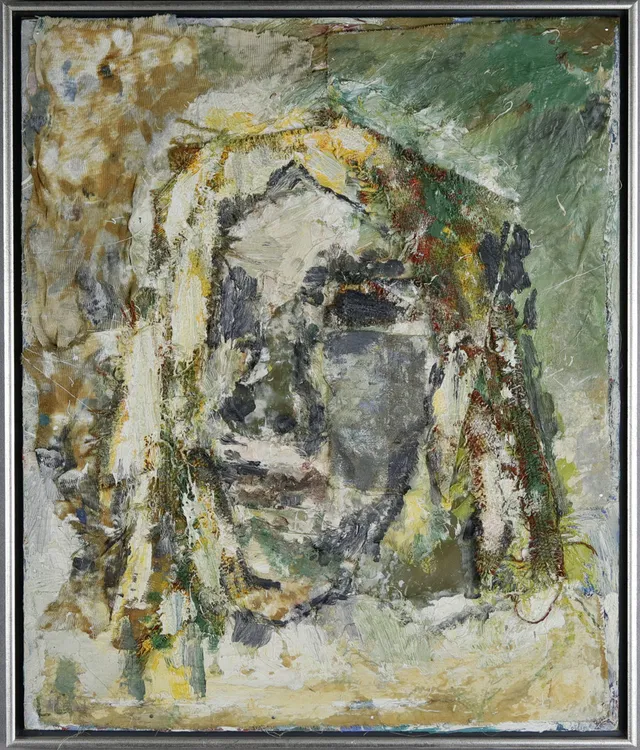 LASSE GÖRANSSON. Olja/collage på pannå, "Nr 3. Student -68" signerad.