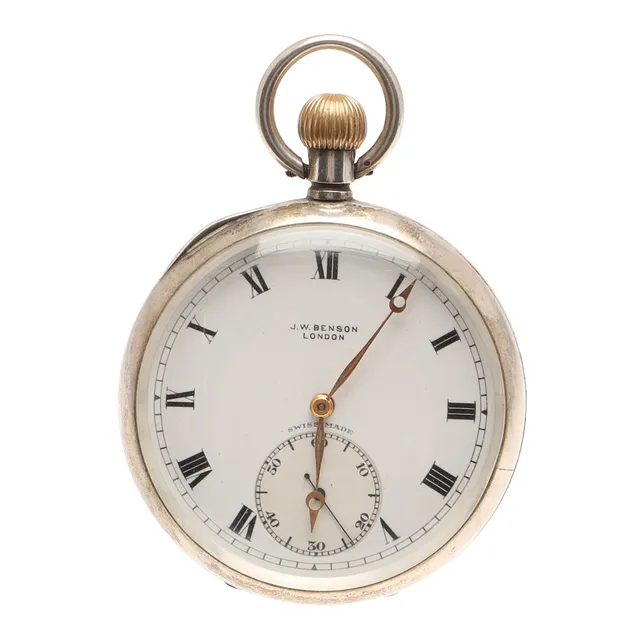 A SILVER OPEN FACED POCKET WATCH BY J.W. BENSON, LONDON.
