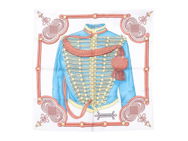 HERMÈS, SCARF, Brandebourgs, Caty Latham, 100% siden, 43x43 cm, multifärgad, rosa, blå, vit, originalask. Excellent Condition.