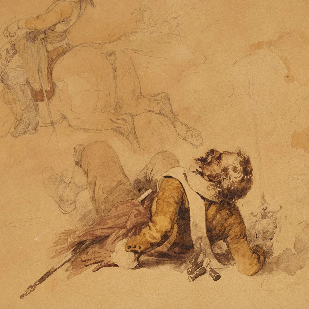 CARL WAHLBOM. Scen från 30-åriga kriget med Gustaf II Adolf, akvarell. — Paintings — Stockholms Auktionsverk Magasin 5