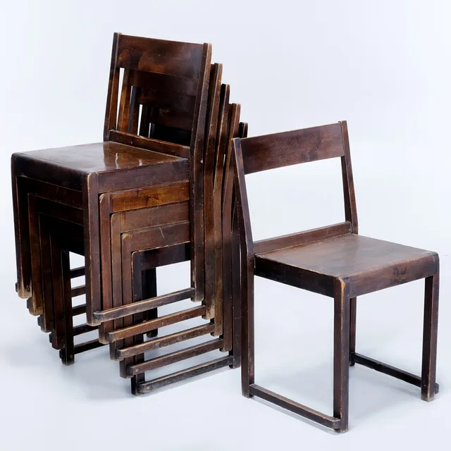 SVEN  MARKELIUS. Stolar, "Orkesterstolen", SMF Svenska Möbelfabriken, 1930/40-tal (6 st).