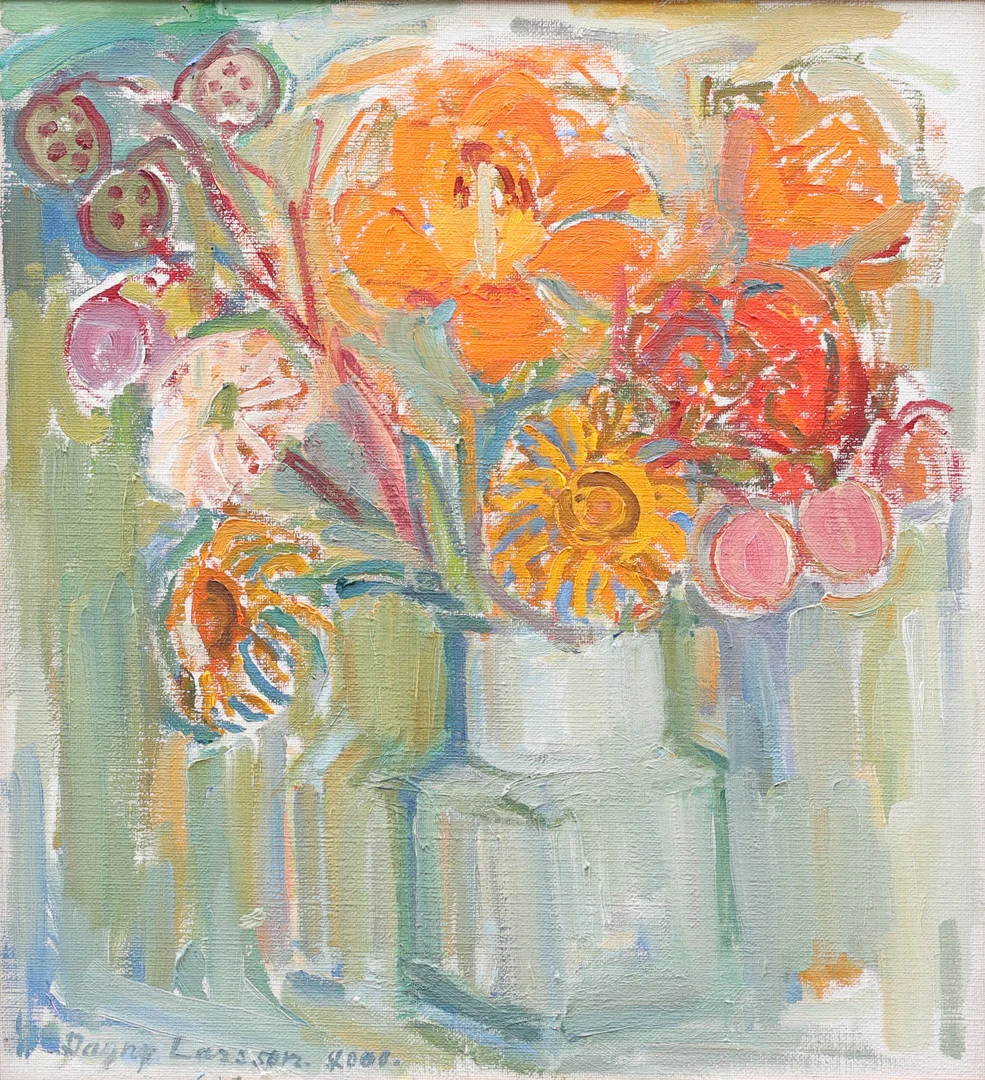 DAGNY LARSSON (1912-2006). Trädgårdens prakt, olja på duk, signerad och daterad 2000. — Paintings — Garpenhus Auktioner