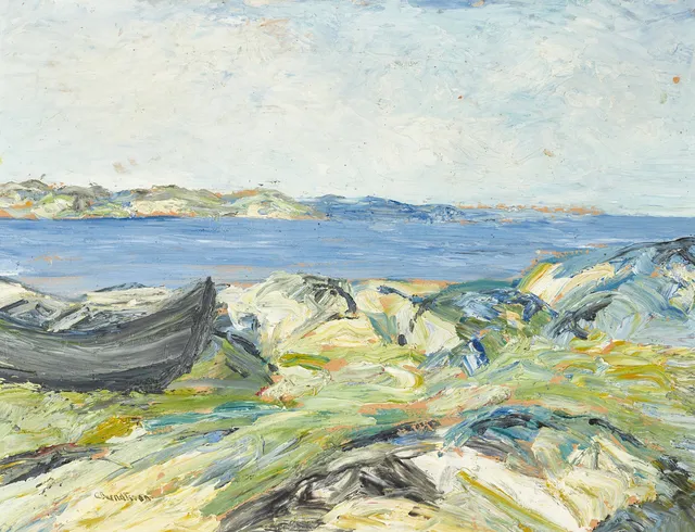 CARL BERNDTSSON (1902-1983). Vidsträckt kustlandskap, signerad, olja på pannå.