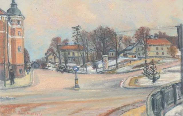 GEORG HULT. Stadsvy, pastell, signerad, daterad.
