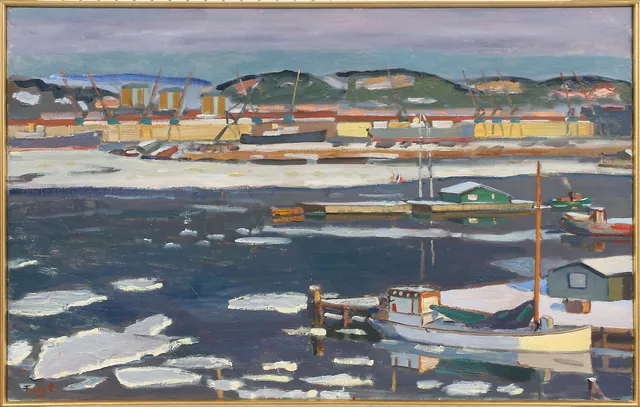 FOLKE PERSSON. Göteborgs hamn, olja på duk, signerad.