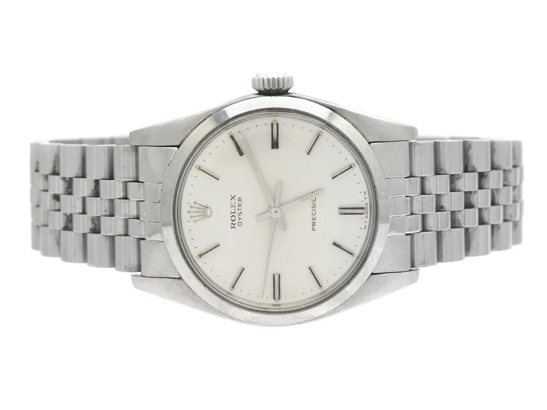 ROLEX, Oyster, Precision, Ref nr. 6426, Serie nr. 6411577, Cal 1225, Boett nr. 6426 (1.69), herrur, 34 mm, stål, manuell, plexiglas, skadad urtavla, OBS: bakboett tillverkad 1969, Jubileelänk (1981), viklås, Ref nr. 62510H-F9/574, ca 1980. — Klockor/Rolex — Kaplans