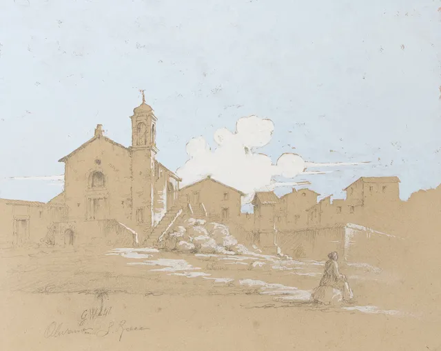 GUSTAF WILHELM PALM (1810-1890), Italiensk by, blyertsteckning med gouache, signerad GW Palm och daterad 47. OKÄND KONSTNÄR, blyertsteckning med motiv från Rom.