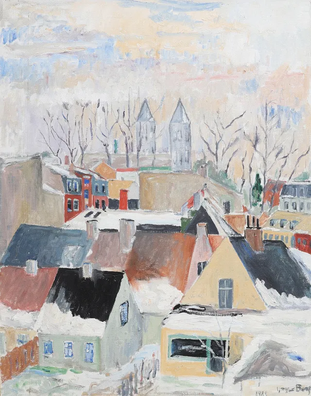 YNGVE BERG (1918-2002). LUNDAMOTIV MED DOMKYRKOTORNEN I FONDEN, 1989.
