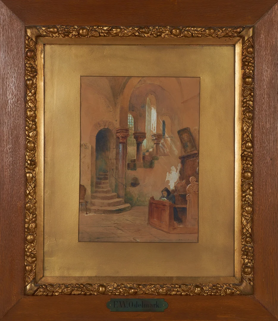 FRANS WILHELM ODELMARK. Kyrkointeriör, akvarell, signerad. — Paintings — Stockholms Auktionsverk Sickla