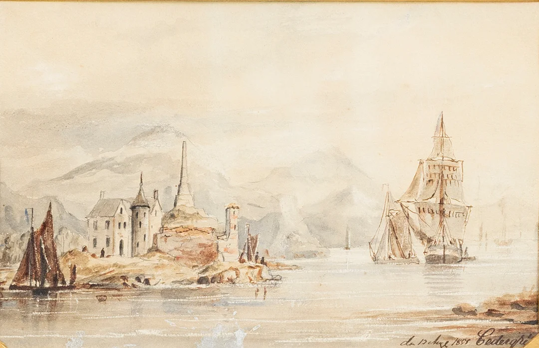 PER WILHELM CEDERGREN (1823–1896). Italiensk fiskeby, akvarell, signerad och daterad, Cedergrén, 1845. — Engravings & Prints — Auktionshuset Kolonn