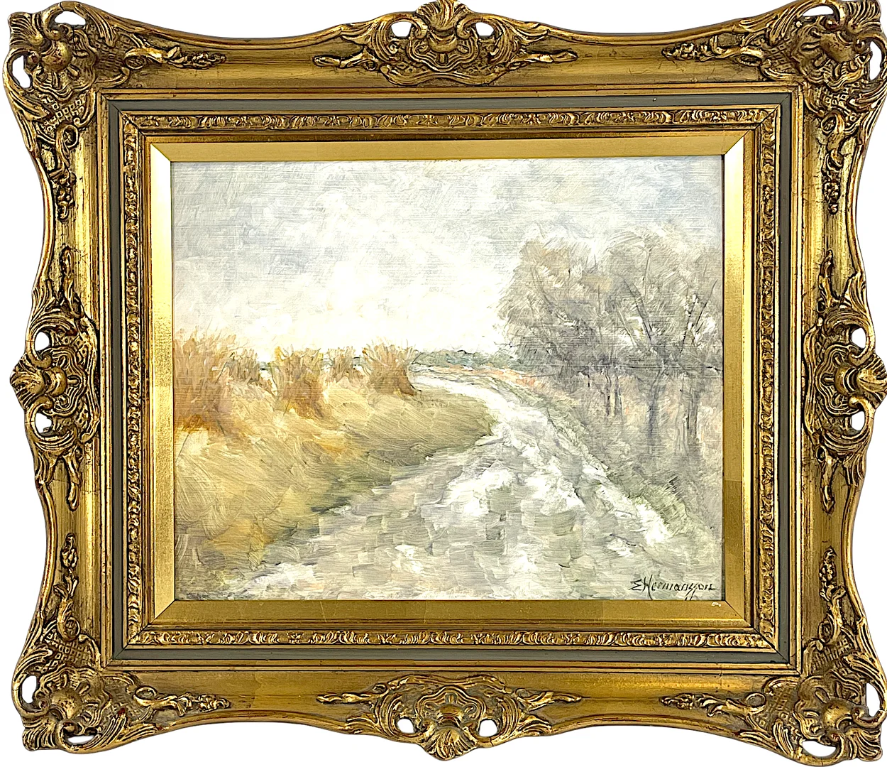 ELSE HERMANSSON (1900 - 1997), olja på pannå, Landskapsmotiv med å, signerad. — Paintings — Roslagens Auktionsverk