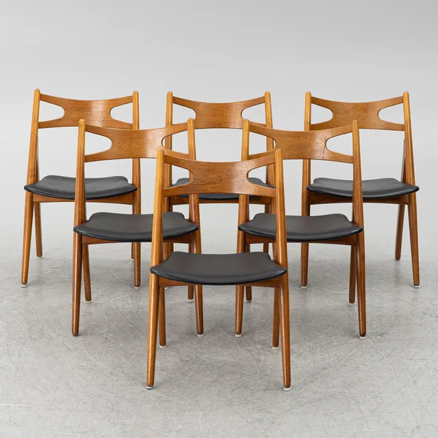 Hans J. Wegner, stolar, 6 st, "Savbukkestolen", Danmark, 1950/60-tal.