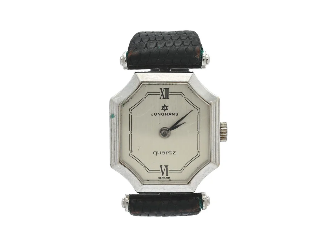 JUNGHANS, damur, 21 mm, Boett nr. 15/2024, vitmetall, quartz (går ej), mineralglas, läderband, ca 1980. — Klockor/Junghans — Kaplans
