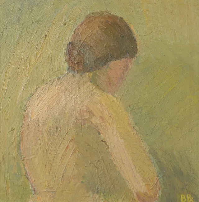 BENTE BJERREGAARD. Porträtt, olja på pannå, signerad B. Bj.