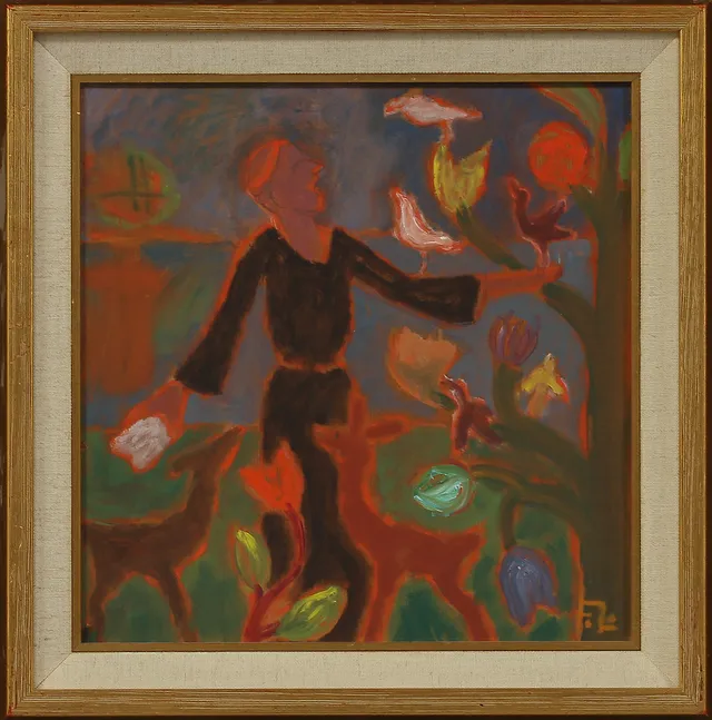 FRANS LARSSON. Figurscen, olja på pannå, signerad.