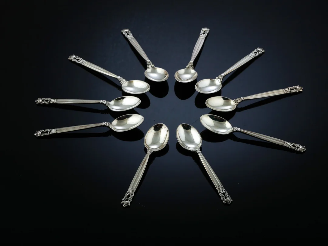 Johan Rohde for Georg Jensen. 'Konge'Acorn' moccaskeer af sterlingsølv (10) — Silver, bronze, copper and pewter/Silver flatware — Lauritz