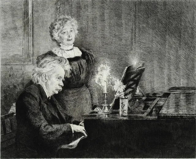 “Edvard Grieg accompanying Mrs Nina Grieg's singing”. 48. Signed in print. Inscribed 48. Etching. Image size 44.5×55.5 cm.