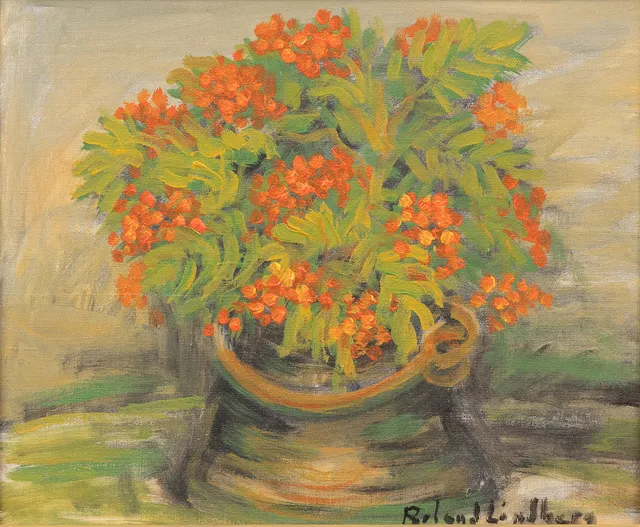 ROLAND LINDBERG (1935–1993). Stilleben med blommor, olja på duk, signerad.