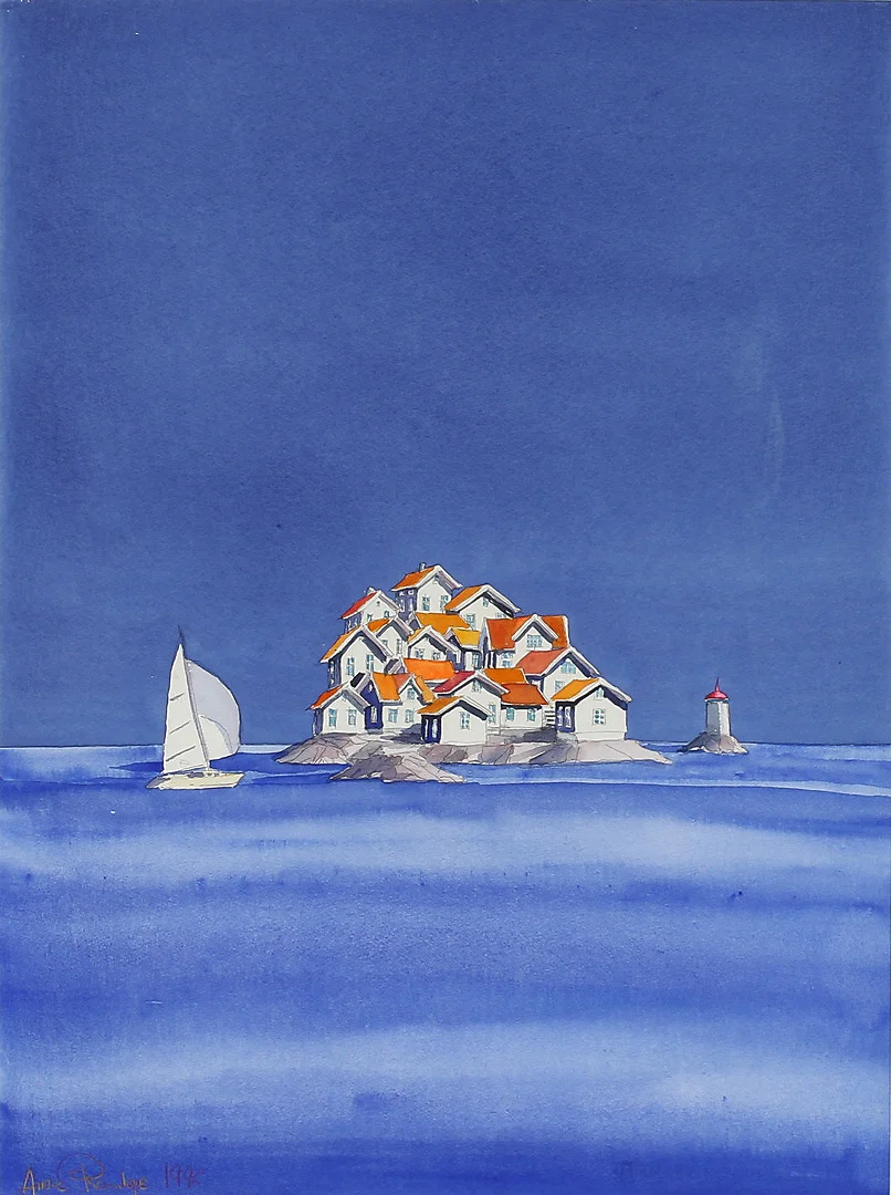 ARIANA RAMHAGE. Ö med bebyggelse, akvarell, signerad 1996. — Paintings — Göteborgs Auktionsverk