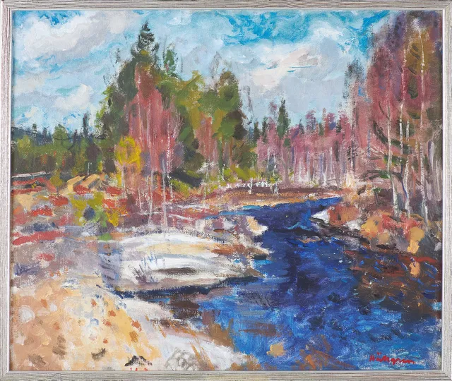 INGVAR HÄLLGREN. olja på duk, "Vårbäck", signerad.