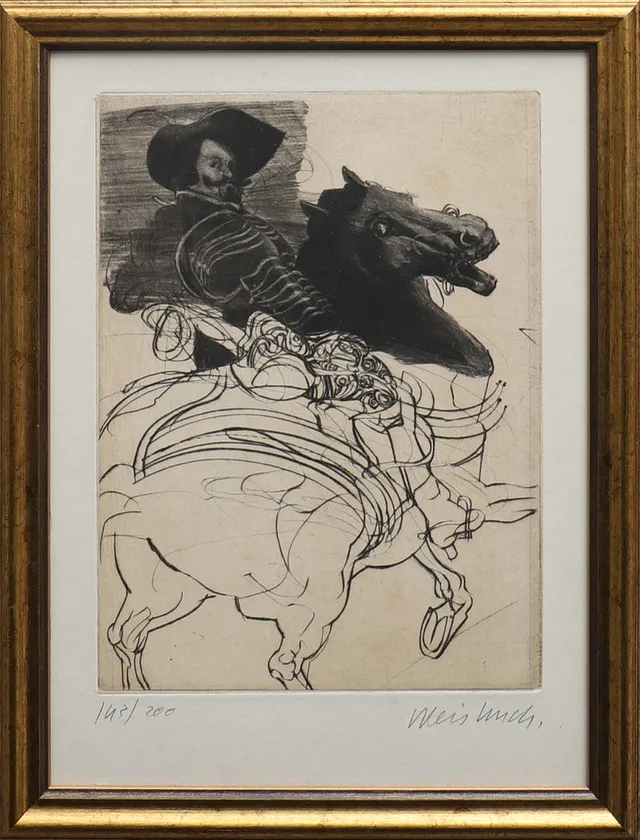 CLAUDE WEISBUCH. FIGURKOMPOSITION MED RYTTARE I 1600-TALSDRÄKT TILL HÄST.