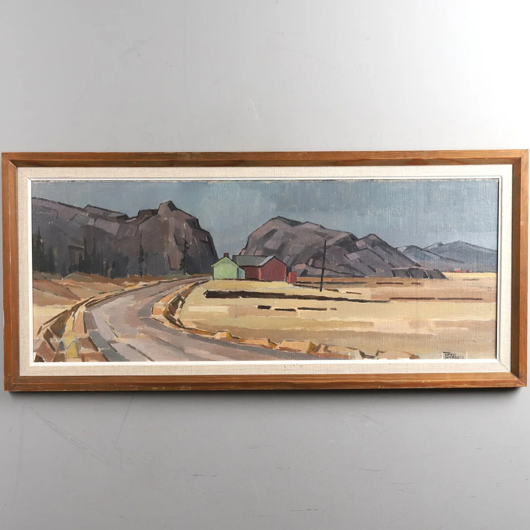 TORE LUNDBERG. OLJA PÅ PANNÅ, "Landsvägsscen", signerad. — Paintings — Örebro Stadsauktioner