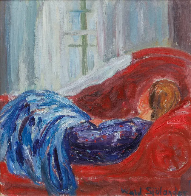 WALDEMAR SJÖLANDER. Vilande kvinna i soffa. Olja på pannå, signerad.