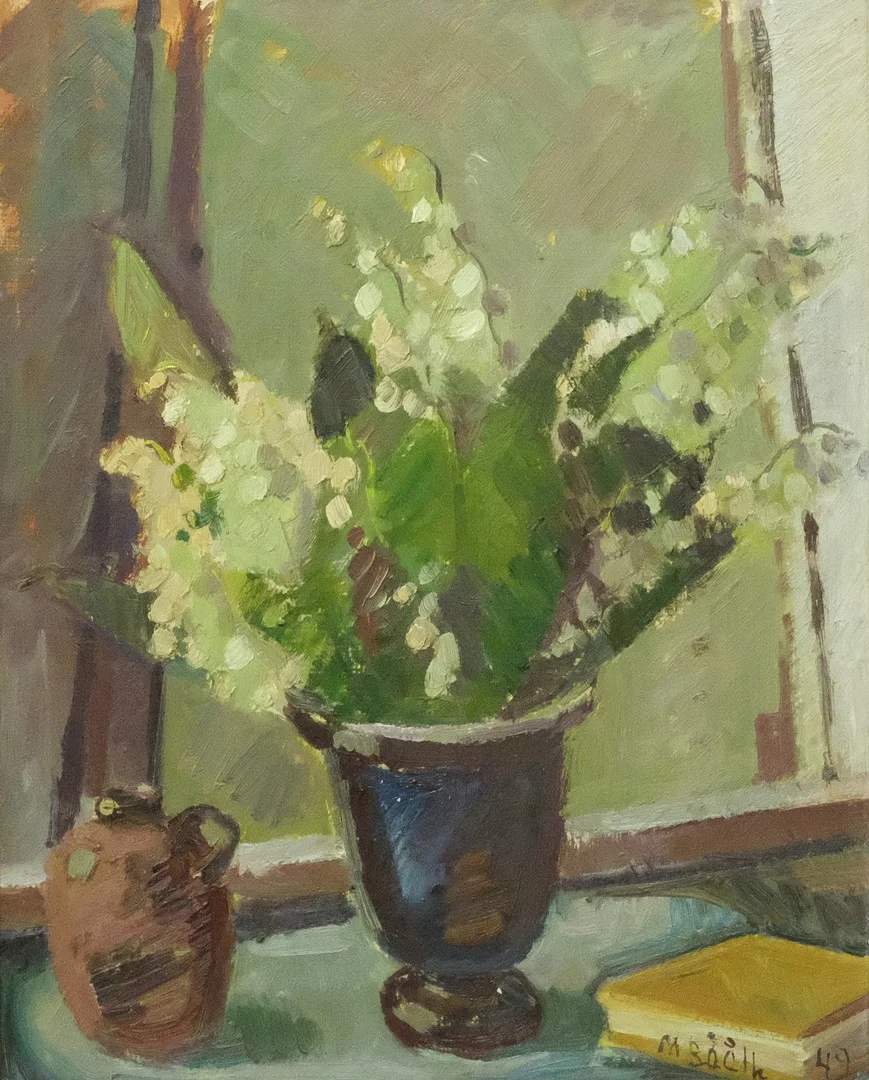 MAJA BÅÅTH. OLJA PÅ PANNÅ. STILLEBEN. "KONVALJER". — Paintings — Björnssons Auktionskammare