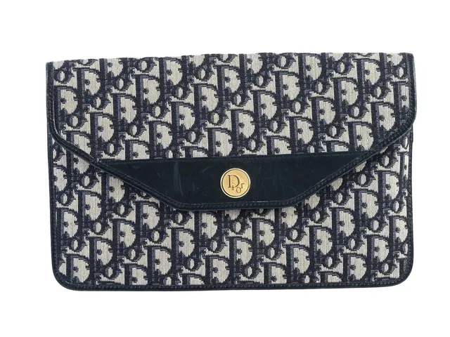 CLUTCH, CHRISTIAN DIOR, vintage, monogram oblique, mörkblått läder, guldfärgade beslag, 29x18 cm,