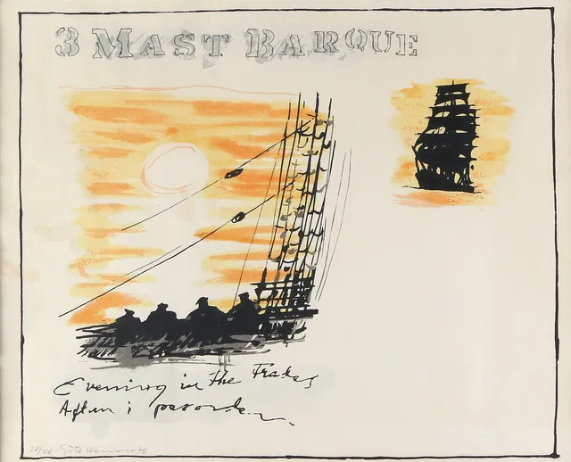 GÖSTA WERNER. Litografi, 28/46. "3 Mast Barque". Signerad.