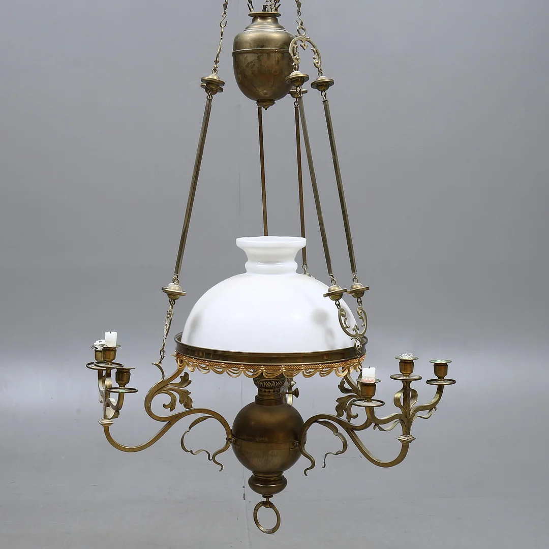 TAKFOTOGENLAMPA, mässing med glaskupa, jugend 1900-talets början. — Ceiling lights — Auktionshuset Kolonn