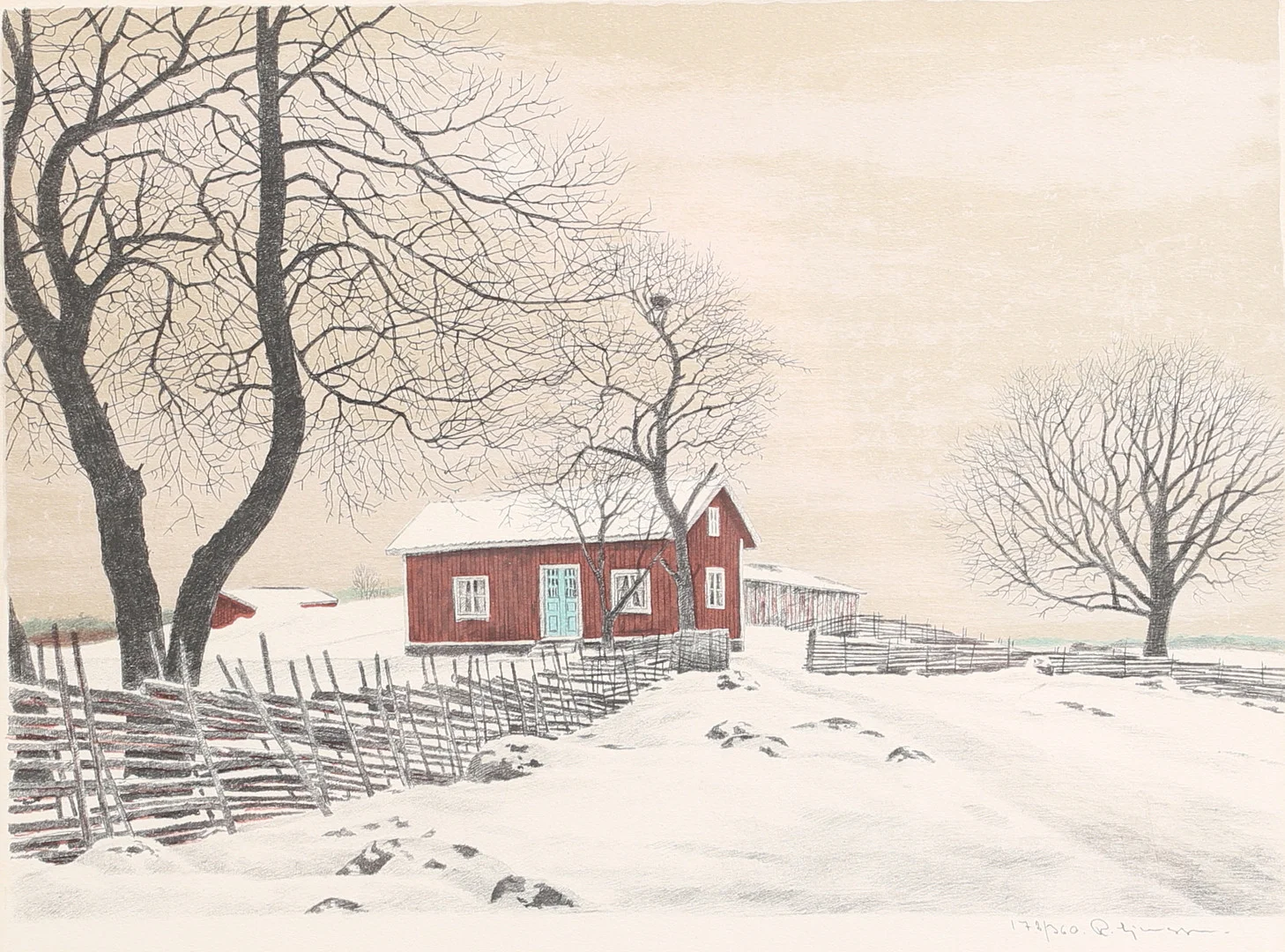 REINHOLD LJUNGGREN. Vintermotiv med lantgård. Färglitografi, signerad och numrerad 172/360. — Engravings & Prints — Auktionshuset Thelin & Johansson