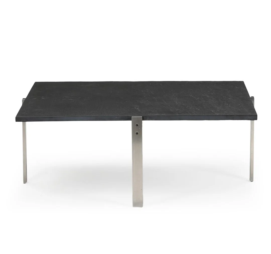 “PK 65”. Coffee table with steel frame, square slate top. Manufactured and marked by Fritz Hansen, 2001. H. 38. W./L. 100 cm. — Modern Furniture — Bruun Rasmussen