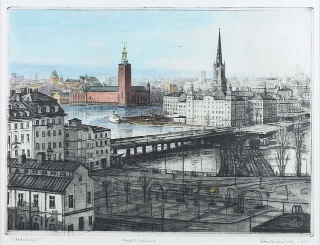 HASSE LINDROTH. "Stadshuset", torrnål och akvarell, signerad och daterad -05.