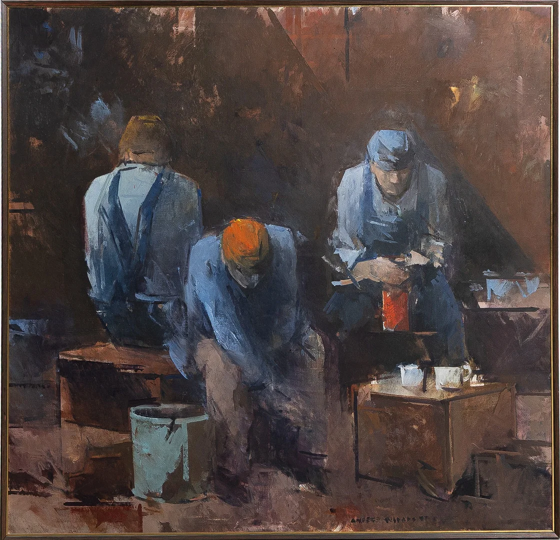 ANDERS WIDOFF (FÖDD 1953). "Tegelarbetare", olja på duk. — Paintings — Stockholms Auktionsverk Helsingborg