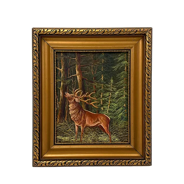 F. WEBER. ÖLGEMÄLDE VON EINEM HIRSCH IM WALD.