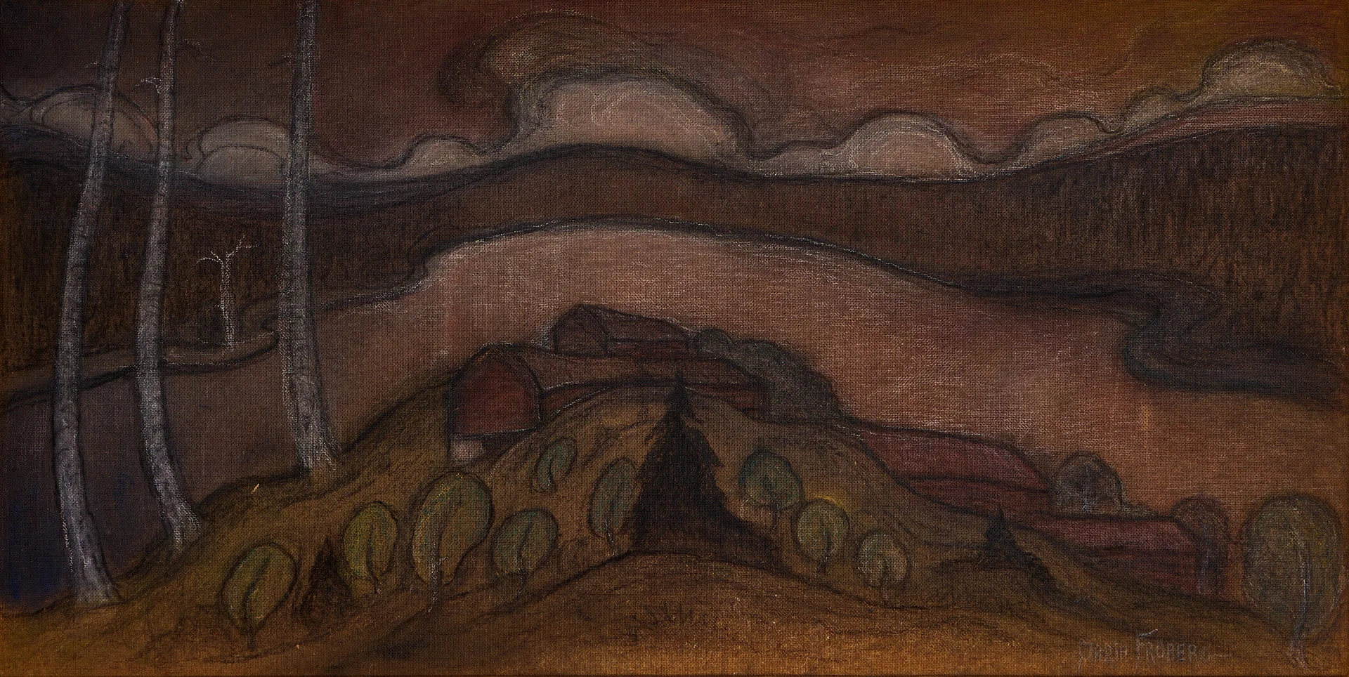 MARIA FRÖBERG (Västerås 1886-1962 Eskilstuna). Landskap - panorama, signerad Maria Fröberg, olja/blandteknik på pannå. — Paintings — Crafoord Auktioner Stockholm