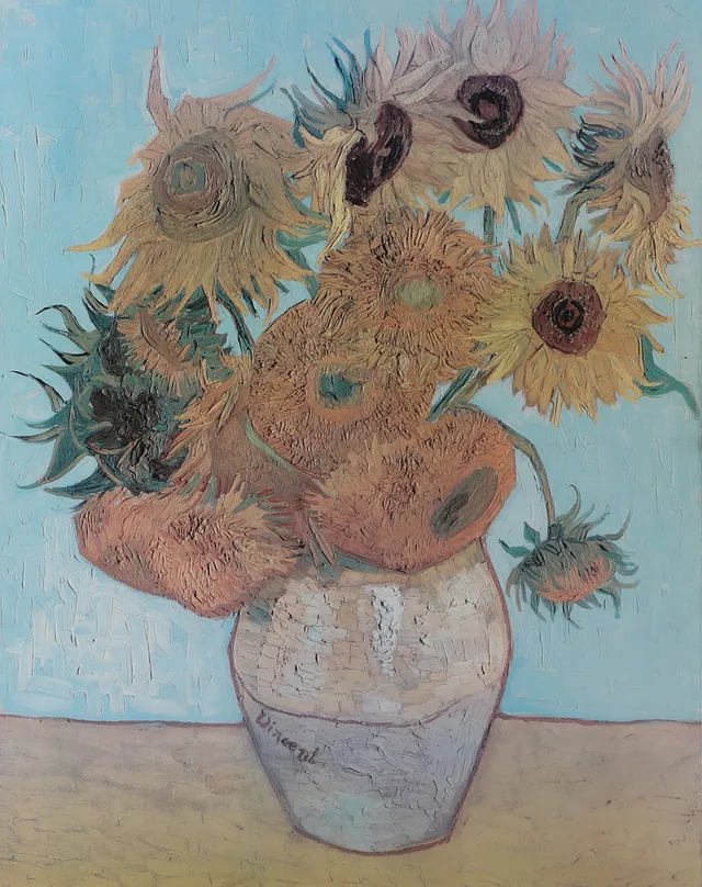 VINCENT VAN GOGH. EFTER. Solrosor i vas. Tryck, signerat i trycket Vincent.