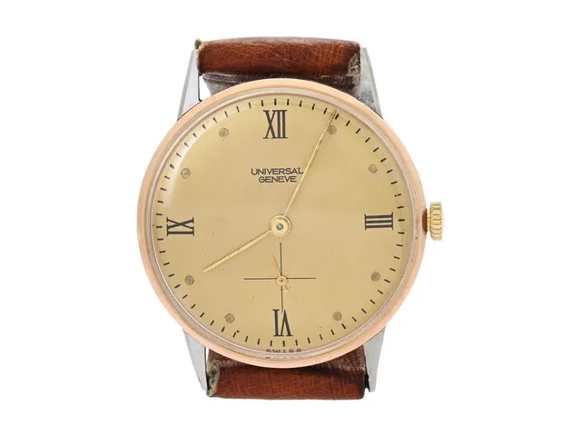 UNIVERSAL, Geneve, Cal 264, Verk nr. 164903, Boett nr. 801419 / 20925, herrur, 32 mm, stål (Enversteel)/rosa guld, manuell, plexiglas, liten sekundvisare, renoverad urtavla, skadad urtavla, läderband, ca 1950.