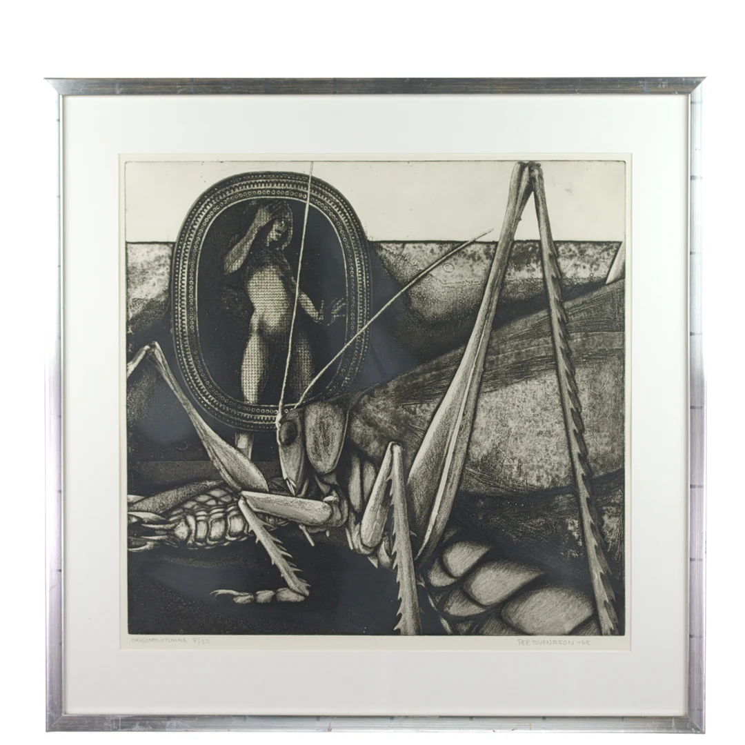 PER SVENSSON. Etsning, 8/30, komposition med insekt, signerad, -68. — Engravings & Prints — Höganäs Auktionsverk