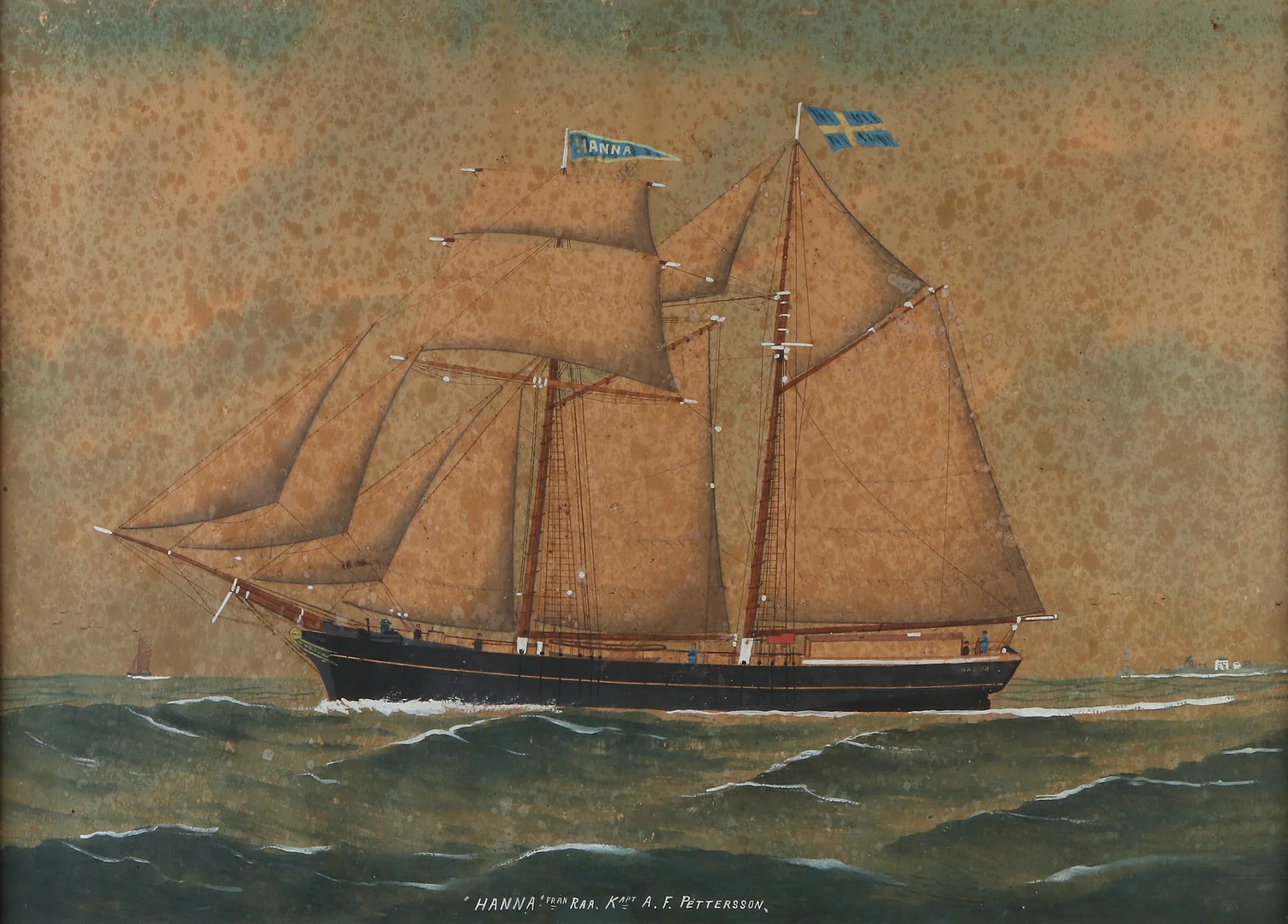 OKÄND KONSTNÄR. Blandteknik. Skeppsporträtt: "Hanna från Råå. Kapt. A.F. Pettersson.". — Paintings — Skånes Auktionsverk