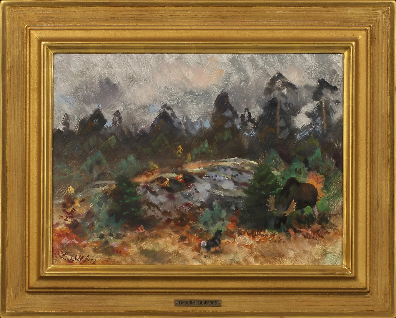 LINDORM LILJEFORS. Älg och hund, olja på pannå, signerad och daterad 73. — Paintings — Göteborgs Auktionsverk